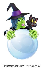 A cartoon Witch black cat and big crystal ball with space on the ball for text