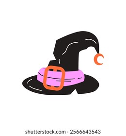 Cartoon witch black hat. Doodle Halloween headdress, retro 90s magic sticker.