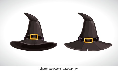 Cartoon witch black hats with golden buckle, above and bottom view. Wizard hat icons. Halloween costume element. Vector illustration.