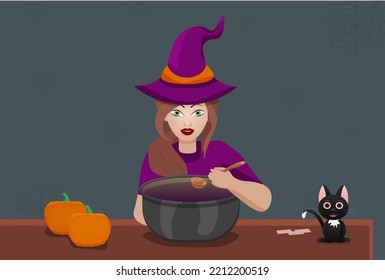 A cartoon witch is brewing a potion. A banner for Halloween. Witch, black cat, potion, pumpkins, spider web. Vector illustration.  Template for postcards. A girl in a witch costume.