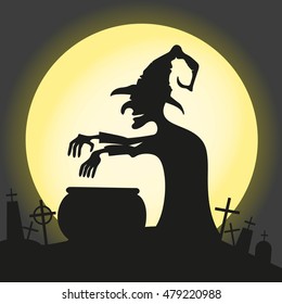 Cartoon witch brews a potion on the background of the moon and a cemetery.