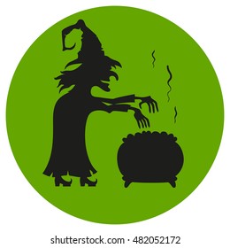 Cartoon witch brews a potion on the green background. Vector icon.