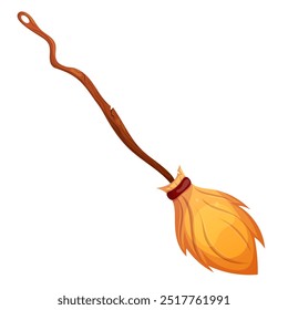 Cartoon witch broom. Halloween decoration element magic enchantress broomstick isolated on white.