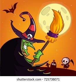 Cartoon witch with a broom. Halloween vector illustration isolated on scary night background with full moon and grim reaper on cemetery