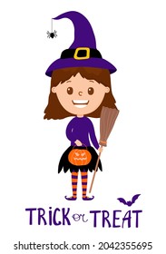 Cartoon witch with broom in hat. with pumpkin. With sign trick or treat. Vector illustration