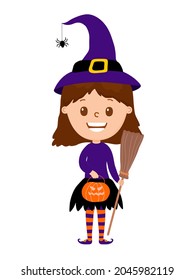 Cartoon witch with broom in hat. with pumpkin. Vector.