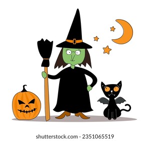 Cartoon witch with a broom in her hands, a pumpkin and a cat on the background of the moon and stars. Picture for Halloween. Vector graphics.