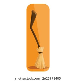 Cartoon witch broom leaning on orange background for halloween celebration