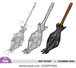 Cartoon witch broom. Numbers game, education dot to dot game for children.