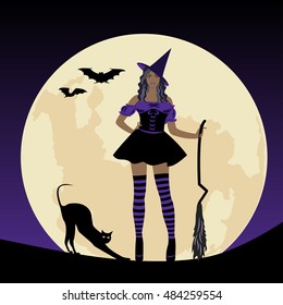 Cartoon witch with a broom on background of the moon. Halloween pattern
