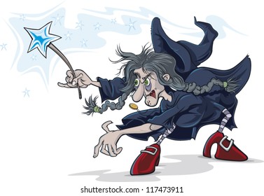 Cartoon witch casting a spell with her wand