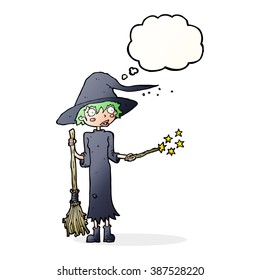 cartoon witch casting spell with thought bubble