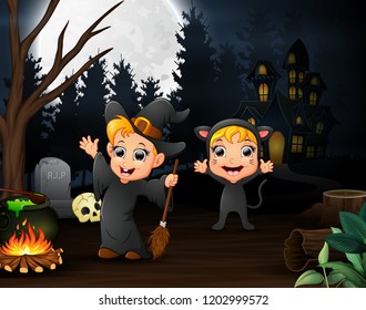 Cartoon of witch and cat outdoors in the night