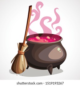 Cartoon witch cauldron and broom for halloween. Vector illustration