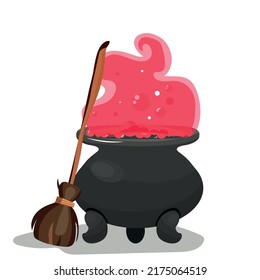 Cartoon witch cauldron and broom for halloween. Vector illustration.