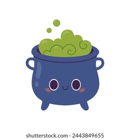 Cartoon witch cauldron with green magic soup in kawaii style. Vector flat illustration.