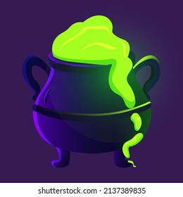 Cartoon witch cauldron with green witch potion for Halloween. Isolated vector bowler hat on a dark background.