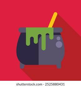 Cartoon witch cauldron with green potion spilling over the edge and a wooden stick inside, set against a red background