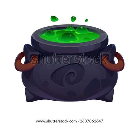 Cartoon witch cauldron, Halloween magic pot with green bubbling potion and handles. Isolated vector steel boiler with boiling magic brew. Scary evil kettle with poison for wizard, sorceress or mage