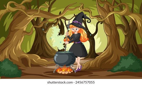 Cartoon witch with cauldron in a mystical forest.