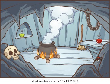 Cartoon witch cave background with cauldron and potions. Vector illustration with simple gradients. Some elements on separate layers. 
