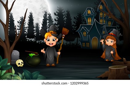 Cartoon witch celebration of halloween in the night background