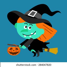 Cartoon Witch character flying with pumpkin