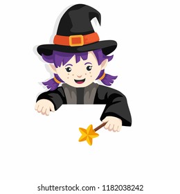 Cartoon Witch Character for Halloween Asset Pointing Down Behind Paper