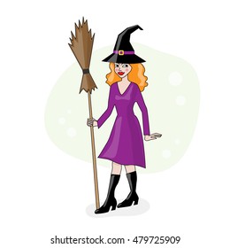Cartoon witch character. Halloween party character. Young attractive red heared witch with a broom. Vector illustration.
