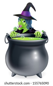 A cartoon witch character peeking over a bubbling witch's brew in a big cauldron 