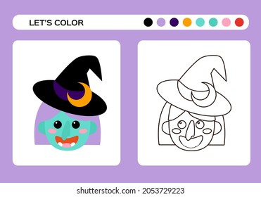 Cartoon Witch Color Book. Coloring education for kids. Happy Halloween game