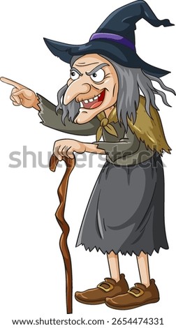 Cartoon witch with a crooked nose and hat, pointing forward. Vibrant colors and detailed vector illustration