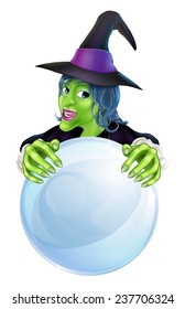 A cartoon witch and crystal ball with copy space on the crystal ball.