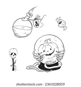 Cartoon witch crystal ball and potion for Halloween. Vector illustration.