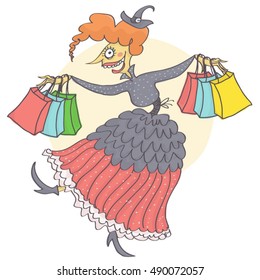 Cartoon witch dancing and jumping with shopping bags in her hands. Vector illustration of witch with shopping bags for Halloween sale.