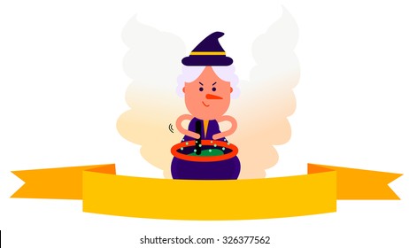 Cartoon witch with evil sly smile making yummy stew recipe soup, brewing spooky black magic liquid potion drink. Stirring boiling cauldron crock pot. Happy Halloween theme greeting card. Banner sign.