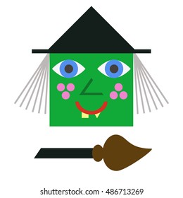 Cartoon witch face. Funny green witch face with yellow teeth, broom, hat. Illustration for kids, card Halloween, print.