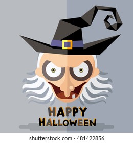 Cartoon witch face with Hat. Happy Halloween - in flat style.