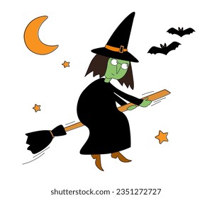 Cartoon witch flies on a broom against the background of the moon, stars, bats. Picture for Halloween. Vector graphics.