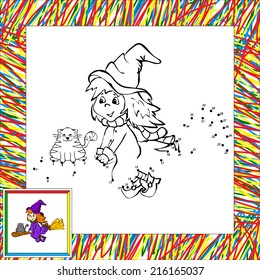 Cartoon witch flying with cat dot to dot. Vector illustration for children