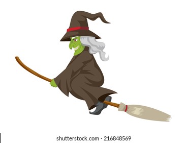 Cartoon of a witch flying with her broom