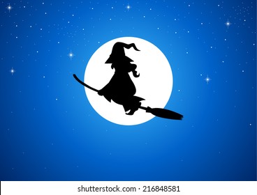 Cartoon of a witch flying with her broom during full moon