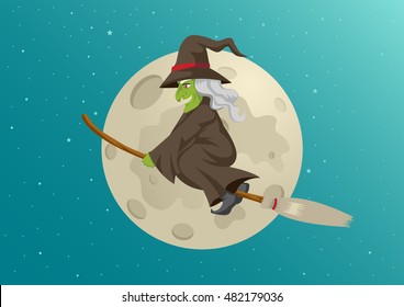 Cartoon of a witch flying with her broom during full moon, for Halloween theme and concept