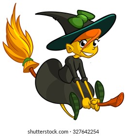 Cartoon witch flying on a broom. Vector Halloween illustration with a funny witch isolated on white