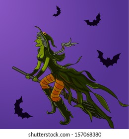 A cartoon witch flying on a broomstick.