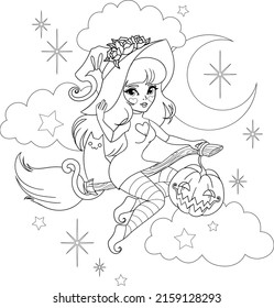 Cartoon witch flying on a broomstick with her cat. Vector outline for coloring