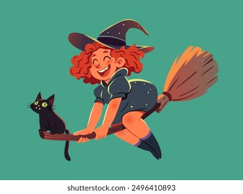 Cartoon witch flying on a broomstick with a black cat. Halloween vector illustration. Solid background