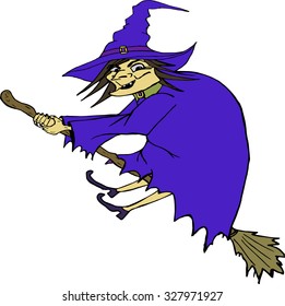 A cartoon witch flying on a broomstick.