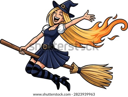 Cartoon witch flying on broomstick with long blonde hair turning into flames, dark blue dress, striped stockings, pointed hat, joyful expression, and magical motion
