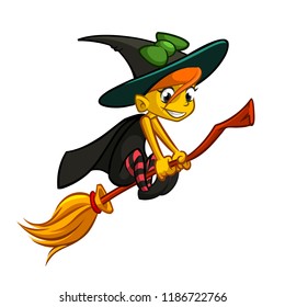 Cartoon witch flying on her broom. Vector clip art illustration